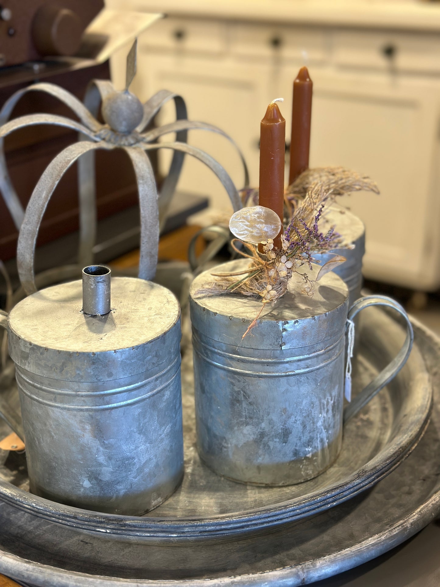 Dose mit Deckel /Kerzenhalter mit Kerze und Trockenblumen Deko