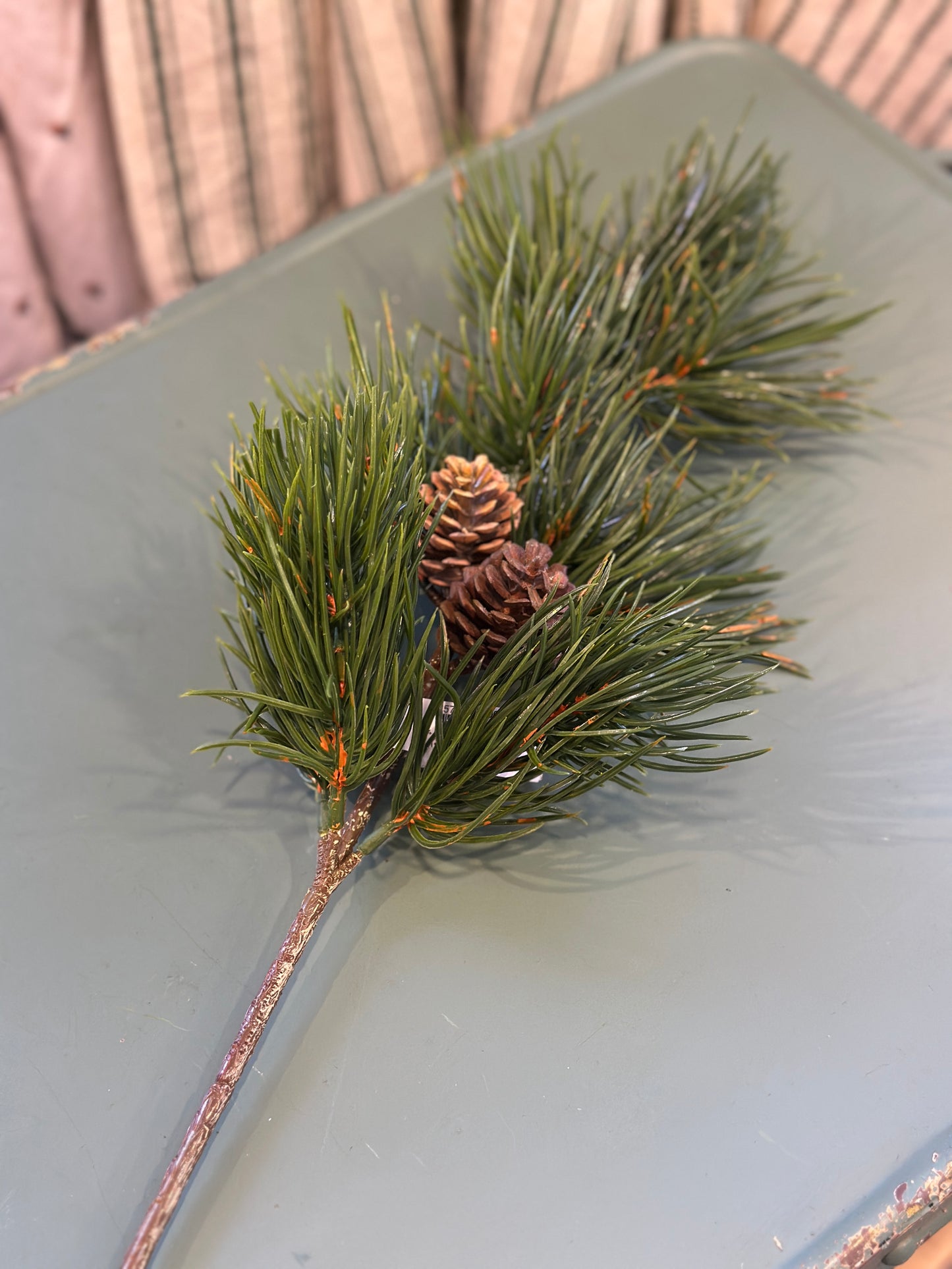 Grüner Kunst Zweig mit zwei Zapfen