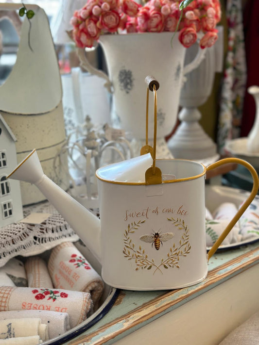 Deko Gießkanne aus Metall, Shabby, weiß-gelb