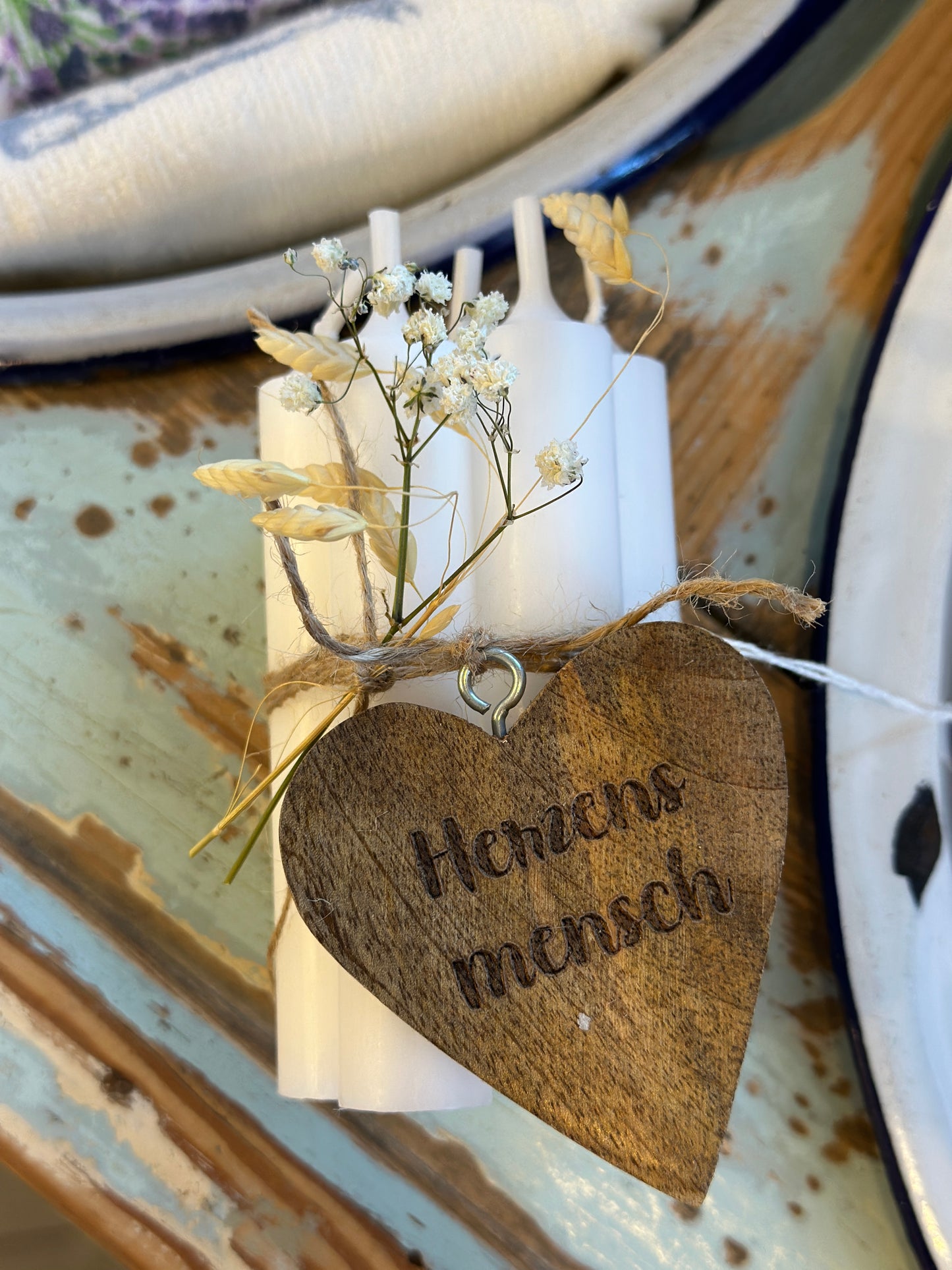 Kerzen- Bund 7Stück, weiß. Holzherz, Herzensmensch